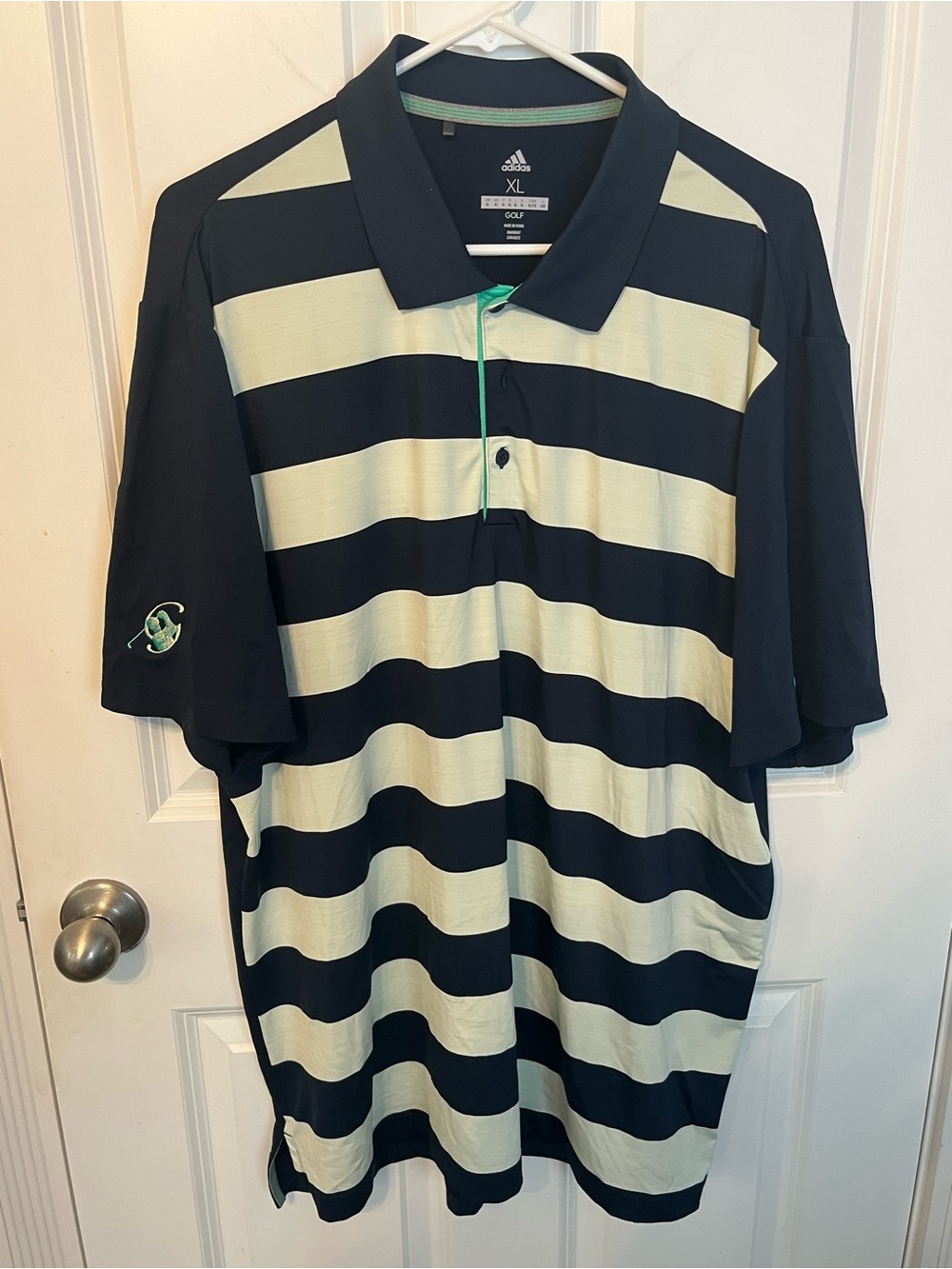 adidas Men's Navy and Cream Striped Polo with Green Trim